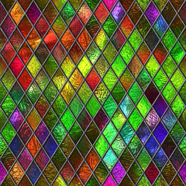 Stained glass seamless texture, colored glass with rhombus pattern for window, 3d illustration