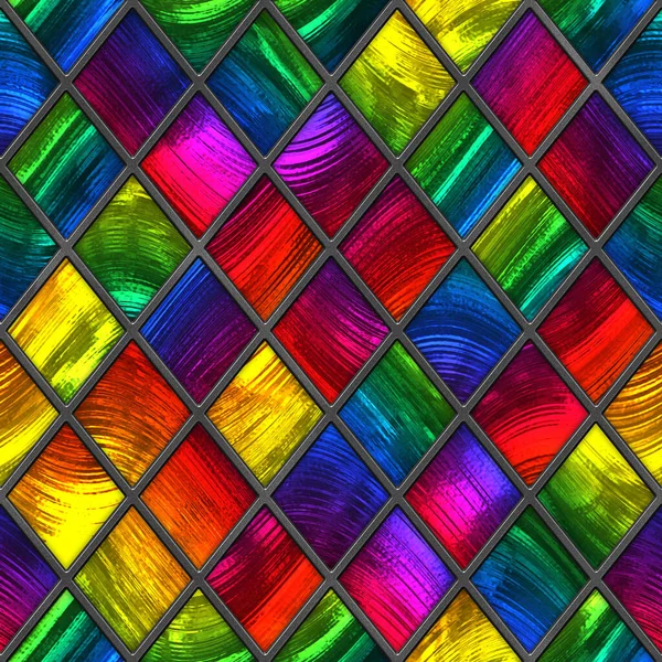 ステンドグラスのシームレスなテクスチャ 窓のための菱形のパターンを持つ色のガラス 3Dイラスト — ストック写真