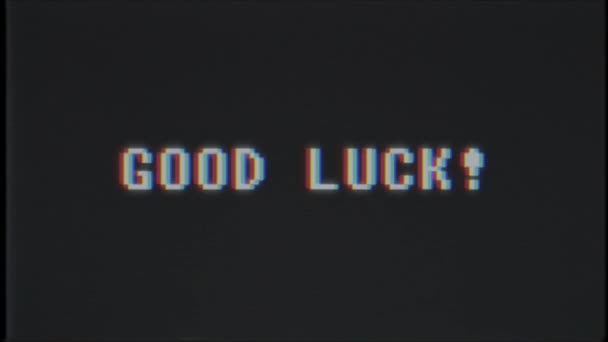 Retro videogame GOOD LUCK word text computer tv glitch interference noise screen animation seamless loop New quality universal vintage motion dynamic animated background colorful joyful video m — Stock Video