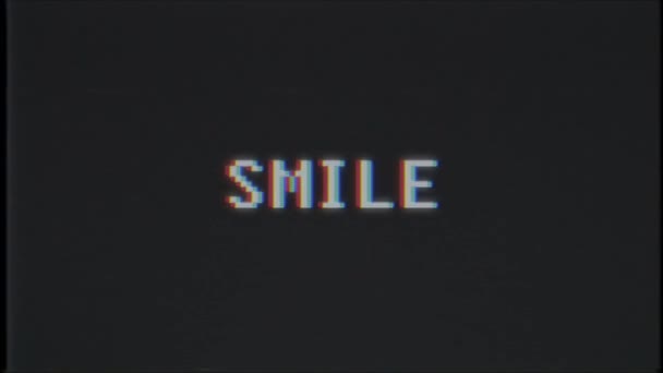 Ретро-видеоигра SMILE слово текст компьютерный телевизор глюк помехи шумовой экран анимации бесшовный цикл Новое качество универсальное винтажное движение динамический анимированный фон красочный радостный видео м — стоковое видео