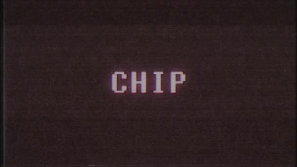 Retro videojáték Chip szó szöveg számítógép tv fénylik zavaró zaj képernyő animáció varrat nélküli hurok új minőségű univerzális évjárat-motion dinamikus animációs háttér színes örömteli videóinak m — Stock videók