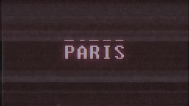 Retro videojáték Párizs szó számítógép tv fénylik zavaró zaj képernyő Szöveganimáció varrat nélküli hurok új minőségű univerzális évjárat-motion dinamikus animációs háttér színes örömteli videóinak m — Stock videók