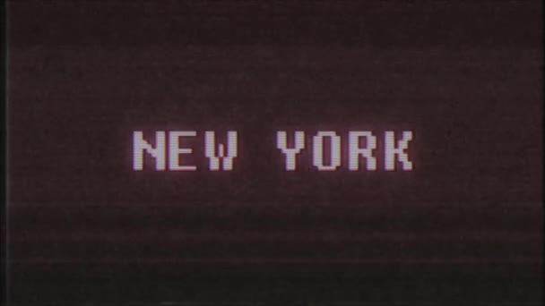 Retro videojuego NUEVA YORK palabra texto ordenador tv glitch interferencia ruido pantalla animación lazo sin costuras nueva calidad universal vintage movimiento dinámico animado fondo colorido alegre vídeo m — Vídeos de Stock