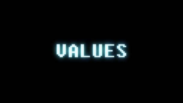 Retro videogame VALUES word text computer tv glitch interference noise screen animation seamless loop New quality universal vintage motion dynamic animated background colorful joyful video m — Stock Video