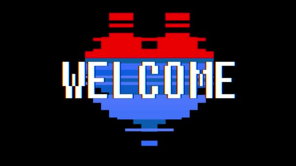 Pixel heart BIENVENIDOS texto de la palabra glitch interferencia pantalla lazo sin costuras animación fondo nuevo video colorido alegre retro dinámico — Vídeo de stock