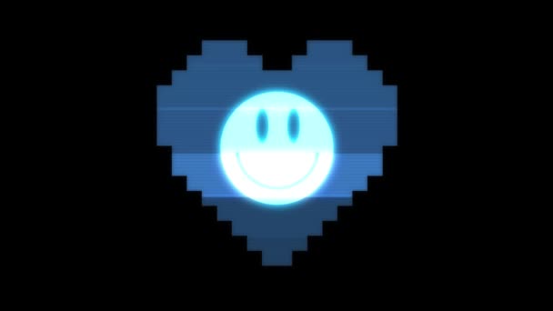 Pixel καρδιά με χαμόγελο πρόσωπο σύμβολο glitch παρεμβολές hud ολογραφική οθόνη αδιάλειπτη βρόχο κινούμενα σχέδια νέα δυναμική ρετρό vintage χαρούμενη πολύχρωμο βιντεοσκοπημένων εικονών υποβάθρου — Αρχείο Βίντεο