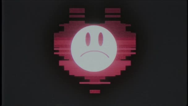 Pixel corazón con triste sonrisa enojada símbolo de la cara interferencia de fallos vieja pantalla de tv lazo sin costuras animación fondo nuevo dinámico retro vintage alegre colorido vídeo — Vídeos de Stock