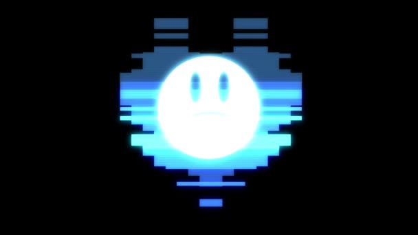 Pixel hart met trieste boos glimlach gezicht symbool glitch interferentie hud holografische scherm naadloze loops animatie achtergrond nieuwe dynamische retro vintage vrolijke kleurrijke videobeelden — Stockvideo