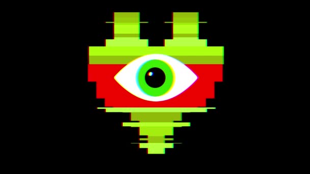 Pixel corazón con el ojo símbolo glitch interferencia pantalla lazo sin costuras animación fondo nuevo dinámico retro vintage alegre colorido vídeo metraje — Vídeo de stock