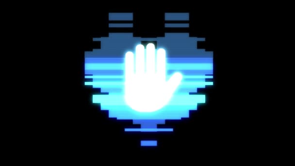 Pixel corazón con símbolo de mano glitch interferencia hud pantalla holográfica lazo sin costuras animación fondo nuevo dinámico retro vintage alegre colorido vídeo — Vídeos de Stock