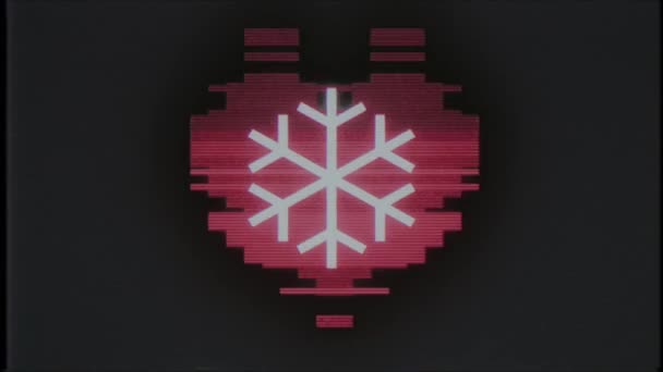 Pixel corazón con copo de nieve glitch interferencia vhs pantalla de televisión sin costuras bucle animación fondo nuevo dinámico retro vintage alegre colorido vídeo — Vídeo de stock