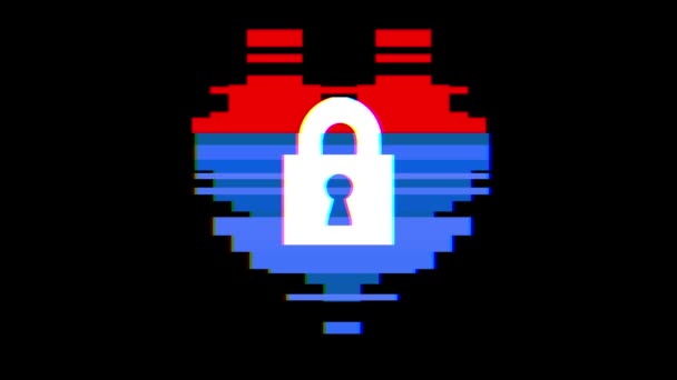 Pixel coração com símbolo de bloqueio falha tela de interferência sem costura loop animação fundo novo dinâmico retro vintage alegre colorido vídeo footage — Vídeo de Stock