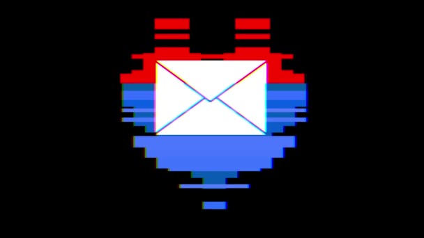 Pixel corazón con el símbolo de envolvente de correo glitch pantalla de interferencia sin costura bucle animación fondo nuevo dinámico retro vintage alegre colorido video metraje — Vídeo de stock