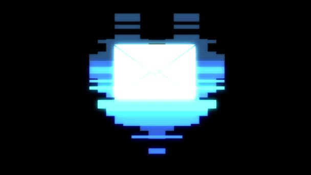 Piksel serca mail koperty symbol glitch zakłócenia hud ekran holograficzny Płynna pętla animacji tła Nowy dynamiczny retro radosny kolorowe filmy retro — Wideo stockowe