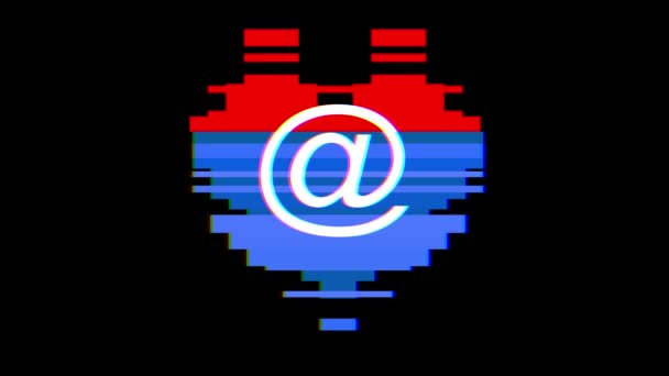 Pixel καρδιά με email σύμβολο glitch παρεμβολές οθόνη αδιάλειπτη βρόχο κινούμενα σχέδια νέα δυναμική ρετρό vintage χαρούμενη πολύχρωμο βιντεοσκοπημένων εικονών υποβάθρου — Αρχείο Βίντεο