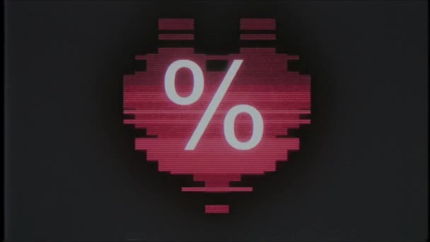 Pixel coração com símbolo percentual falha interferência tv vhs tela velho sem costura loop animação fundo novo dinâmico retro vintage alegre colorido vídeo footage — Vídeo de Stock