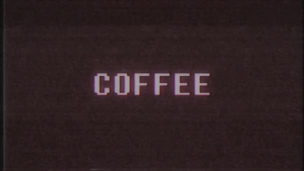 Retro videogame kaffee wort text computer tv glitch störung rauschen bildschirm animation nahtlose schleife neue qualität universal vintage motion dynamisch animierter hintergrund bunt freudig video m — Stockvideo