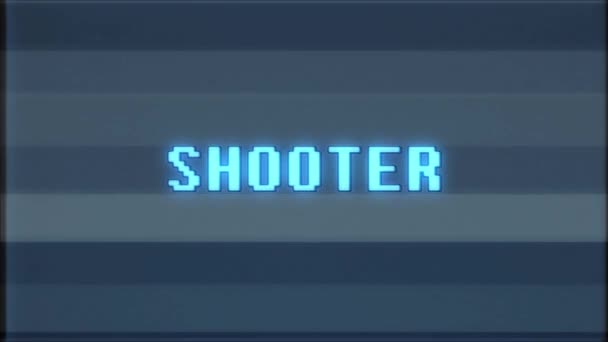 rétro jeu vidéo SHOOOTER mot texte ordinateur tv glitch interférence bruit écran animation boucle transparente Nouvelle qualité universel vintage mouvement dynamique animé fond coloré joyeux vidéo m 
