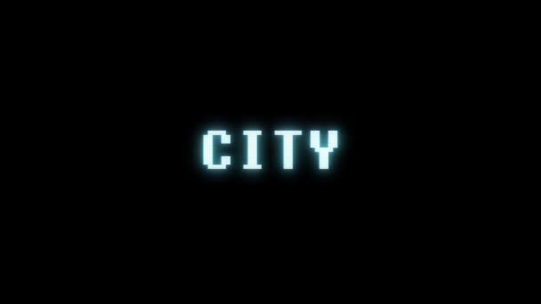 Retro videogame stadt wort text computer tv glitch störung lärm bildschirm animation nahtlose schleife neue qualität universal vintage motion dynamisch animierter hintergrund bunt freudig video m — Stockvideo