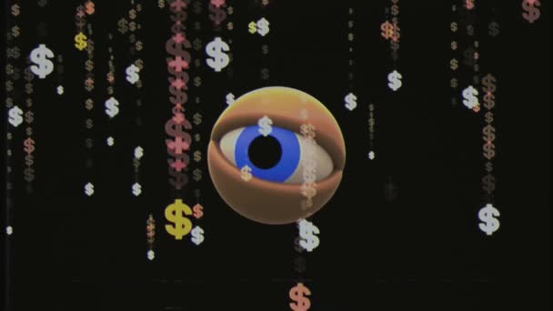 Retro VHS TV eye in dollar rain looking around background animation New quality universal vintage dynamic animated colorful joyful nice cool video footage — Stock Video