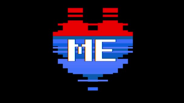 Pixel heart ME word text glitch interference screen seamless loop animation background new dynamic retro vintage joyful colorful vídeo footage — Vídeo de Stock