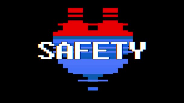 Pixel heart SAFETY word text glitch interference screen seamless loop animation background new dynamic retro vintage joyful colorful video footage — Stock Video