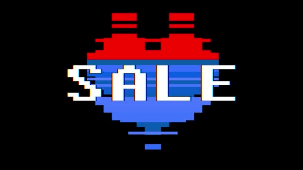 Pixel corazón VENTA texto de la palabra glitch interferencia pantalla lazo sin costuras animación fondo nuevo dinámico retro vintage alegre colorido video metraje — Vídeos de Stock