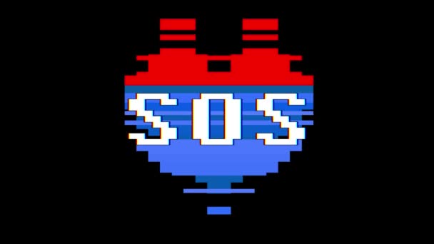 Pixel szív Sos szó szöveg fénylik interferencia képernyő varrat nélküli hurok élénkség háttér új dinamikus retro vintage örömteli színes videó felvétel — Stock videók