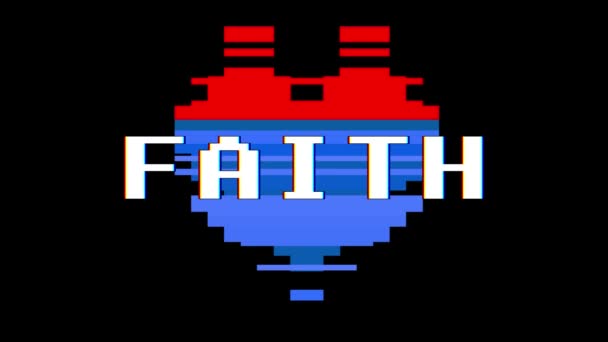 Pixel coeur FAITH mot texte glitch interférence écran boucle sans couture animation fond nouveau dynamique rétro vintage joyeux coloré vidéo — Video