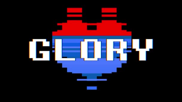 Pixel heart GLORY word text glitch interference screen seamless loop animation background new dynamic retro vintage joyful colorful vídeo footage — Vídeo de Stock