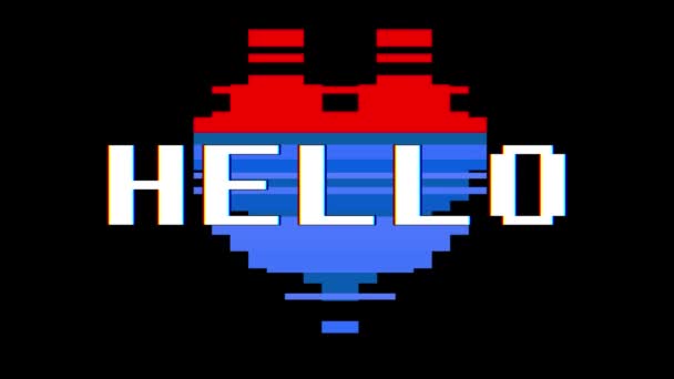 Pixel heart HELLO parola testo glitch interferenza schermo senza soluzione di continuità loop animazione sfondo nuovo dinamico retrò vintage gioioso video colorato — Video Stock