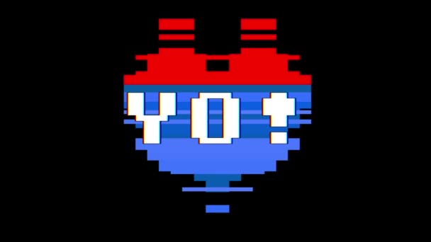 Pixel heart YO parola testo glitch interferenza schermo senza soluzione di continuità loop animazione sfondo nuovo dinamico retrò vintage gioioso video colorato — Video Stock