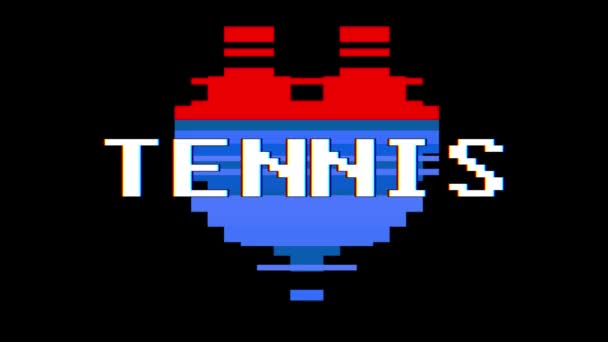 Pixel heart TENNIS word text glitch interference screen seamless loop animation background new dynamic retro vintage joyful colorful vídeo footage — Vídeo de Stock