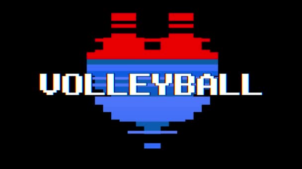 Pixel heart VOLLEYBALL word text glitch interference screen seamless loop animation background new dynamic retro vintage joyful colorful video footage — Stock Video