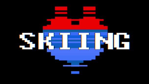 Corazón de pixel animación loop sin fisuras de la pantalla de esquí palabra texto glitch interferencia de fondo nueva dinámica retro vintage alegre colorido videos — Vídeo de stock