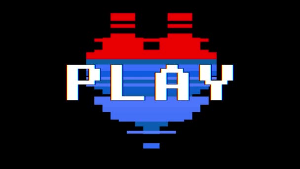 Pixel hart Play woord glitch interferentie scherm naadloze loops tekstanimatie achtergrond nieuwe dynamische retro vintage vrolijke kleurrijke videobeelden — Stockvideo