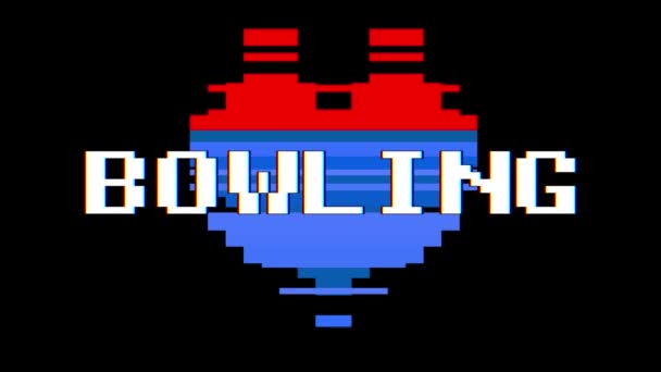 Pixel heart BOWLING word text glitch interference screen seamless loop animation background new dynamic retro vintage joyful colorful video footage — Stock Video