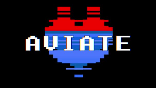 Corazón de pixel animación bucle sin interrupción de la pantalla de Aviate palabra texto interferencia interferencia de fondo nueva dinámica retro vintage alegre colorido videos — Vídeo de stock