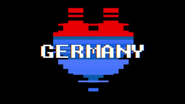 Pixel καρδιά Γερμανία λέξη κείμενο glitch παρεμβολές αδιάλειπτη βρόχο κινούμενα σχέδια στην οθόνη φόντου νέα δυναμική ρετρό vintage χαρούμενο πολύχρωμο βιντεοσκοπημένα στιγμιότυπα — Αρχείο Βίντεο