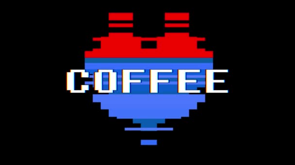 Pixel coeur COFFEE mot texte glitch interférence écran boucle sans couture animation arrière-plan nouvelle dynamique rétro vintage joyeux coloré vidéo — Video