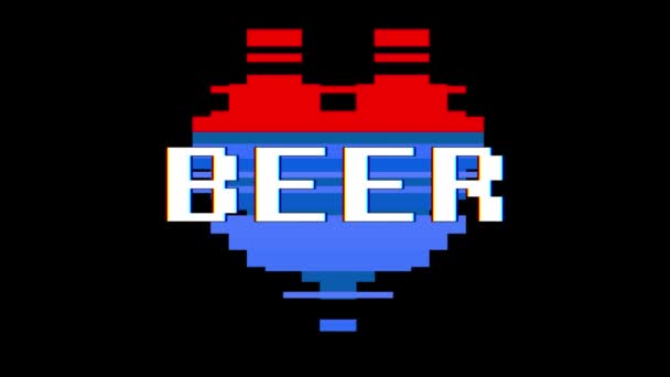 Pixel heart BEER word text glitch interference screen seamless loop animation background new dynamic retro vintage joyful colorful vídeo footage — Vídeo de Stock
