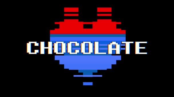 Pixel heart CHOCOLATE word text glitch interference screen seamless loop animation background new dynamic retro vintage joyful colored vídeo footage — Vídeo de Stock