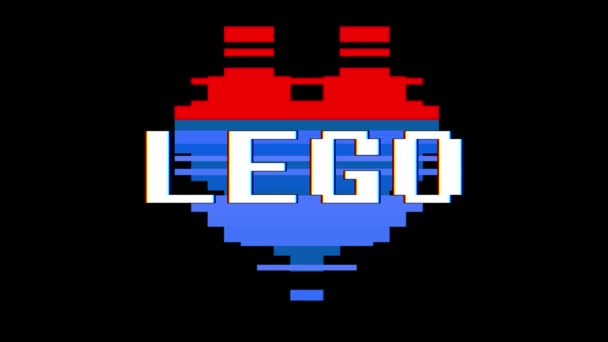 Pixel hart Lego woord glitch interferentie scherm naadloze loops tekstanimatie achtergrond nieuwe dynamische retro vintage vrolijke kleurrijke videobeelden — Stockvideo