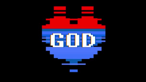 Pixel heart GOD word text glitch interference screen seamless loop animation background new dynamic retro vintage joyful colorful vídeo footage — Vídeo de Stock