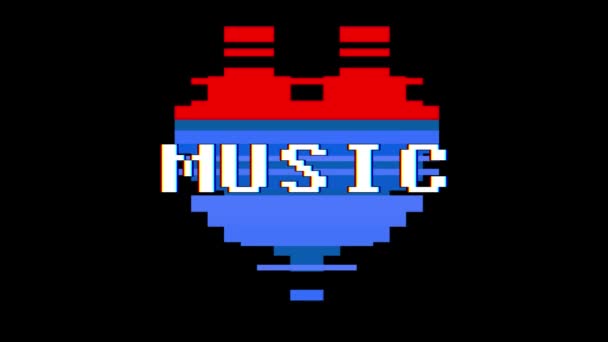 Pixel serca muzyka słowo tekst glitch zakłócenia ekranu Płynna pętla animacji w tle nowy dynamiczny retro radosny kolorowe filmy retro — Wideo stockowe