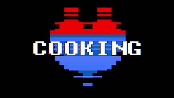 Pixel heart COOKING word text glitch interference screen seamless loop animation background new dynamic retro vintage joyful colorful vídeo footage — Vídeo de Stock