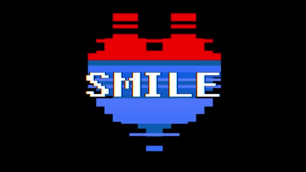 Corazón de pixel animación loop sin fisuras de la pantalla de sonrisa palabra texto glitch interferencia de fondo nueva dinámica retro vintage alegre colorido videos — Vídeo de stock