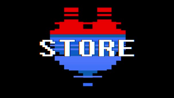 Piksel kalp Store kelime metin aksaklık girişim ekran sorunsuz döngü animasyon arka plan yeni dinamik retro vintage neşeli renkli video görüntüleri — Stok video