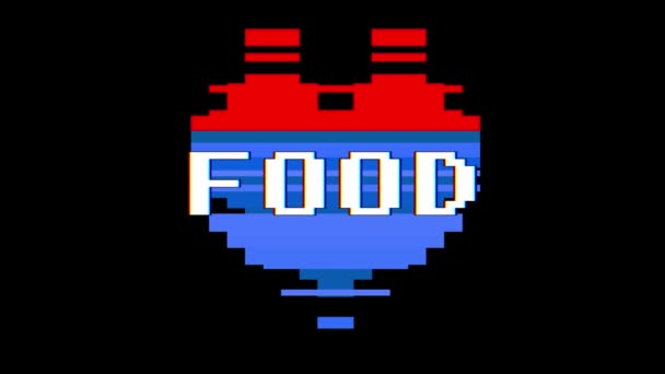 Pixel hart Food woord glitch interferentie scherm naadloze loops tekstanimatie achtergrond nieuwe dynamische retro vintage vrolijke kleurrijke videobeelden — Stockvideo