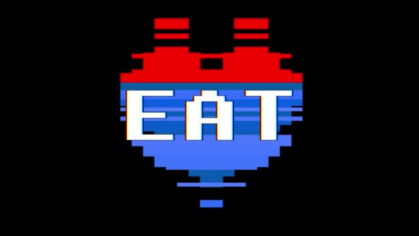 Pixel heart EAT word text glitch interference screen seamless loop animation background new dynamic retro vintage joyful colorful vídeo footage — Vídeo de Stock